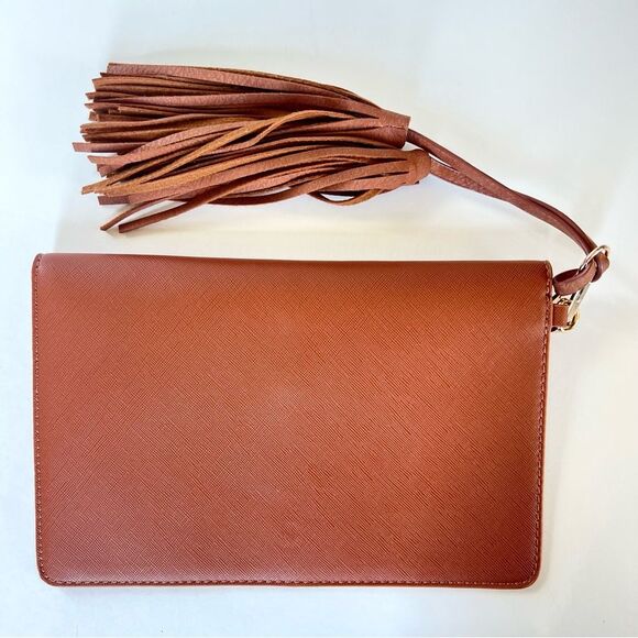 Loveook Cognac Brown Vegan Detachable Tassel Textured Snap Wristlet Clutch - Picture 3 of 8